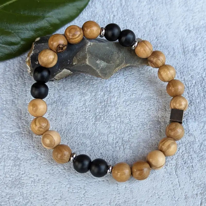 Herrenarmband Olivenholz und Onyx