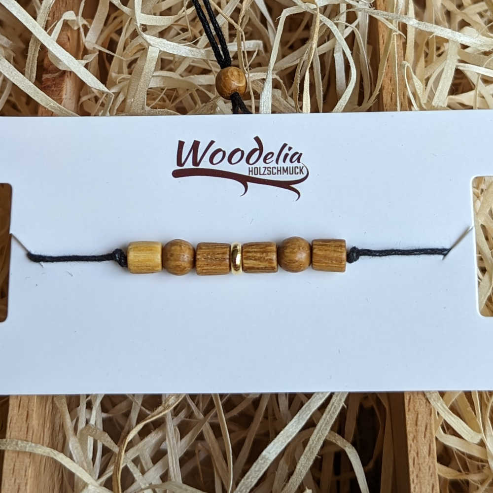 Holzarmband Eiche, verstellbar, schwarze Baumwollschnur gewachst