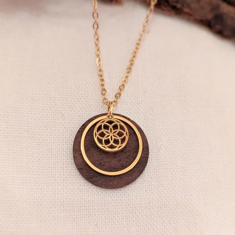Kette Walnussholz Lebensblume / Holzkette golden
