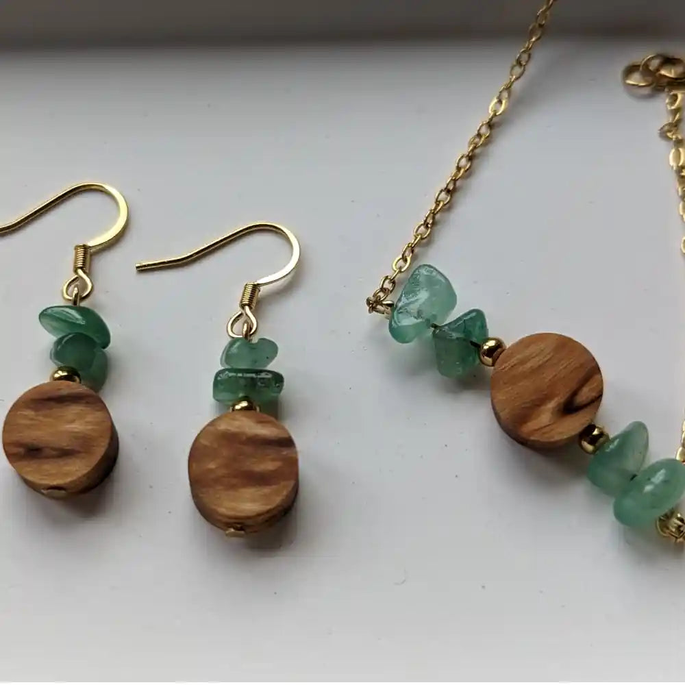 Set "Enna" Ohrringe und Armband aus Holz (Marmorbirke) und Aventurin-Steinen