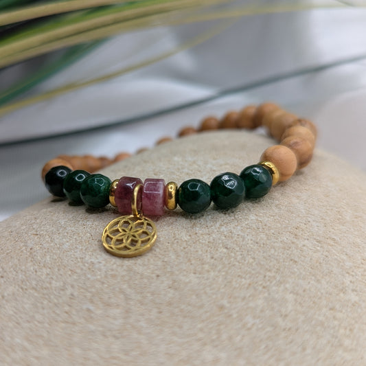 Holzarmband Damen Olivenholz mit früner Jade undrosa Turmalin & Lebensblume Charm