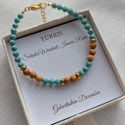 Armband aus Holz und Türkis mit einem Verschluss - Geburtsstein Dezember