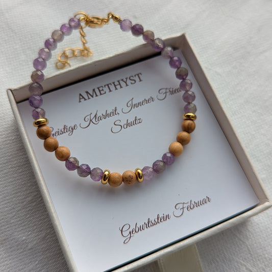 Armband aus Holz und Amethyst mit einem Verschluss - Geburtsstein Februar