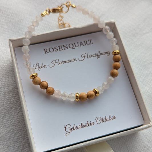Armband aus Holz und Rosenquarz mit einem Verschluss - Geburtsstein Oktober