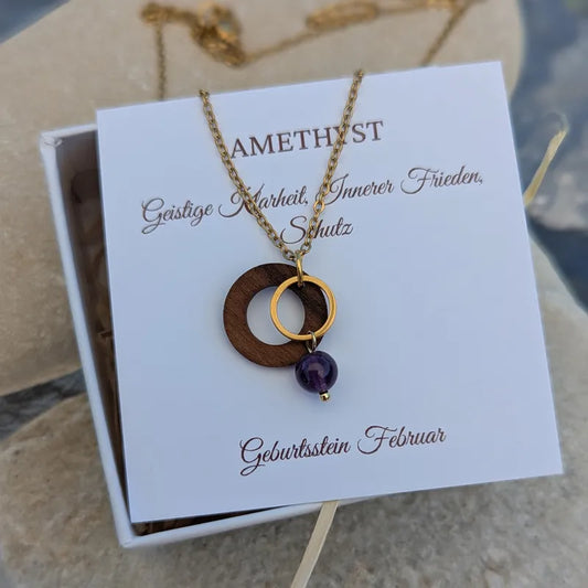 Halskette Holz mit Amethyst / Geburtssteinschmuck